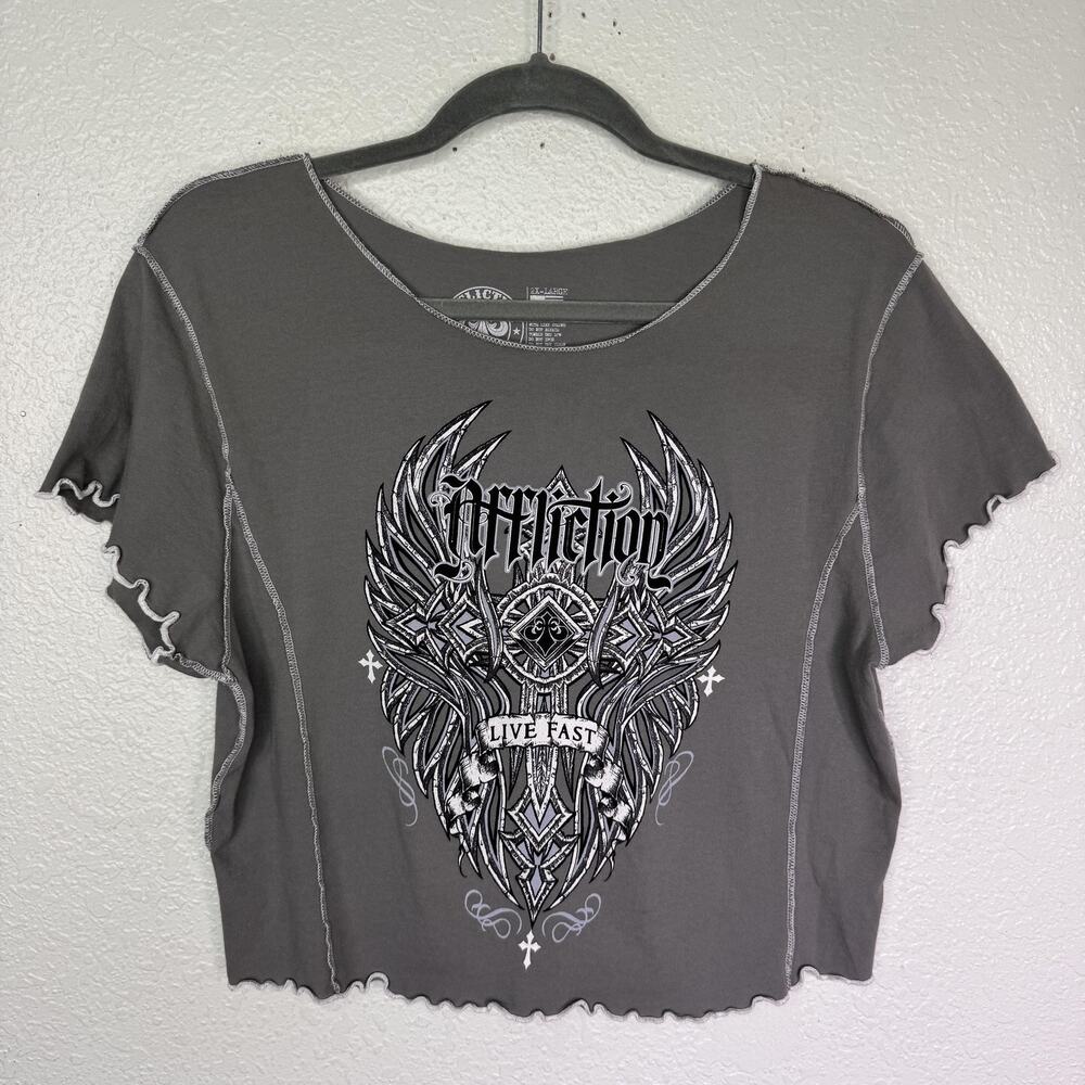 Affliction Shirt Women 2XL Skull Wings Crop Tee Y2K Grunge Gray Live Fast Top 2X